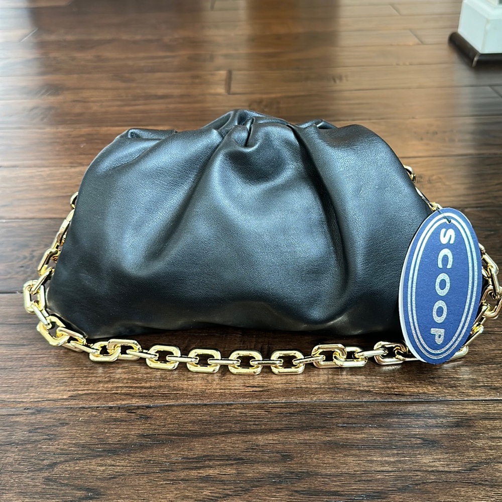 NWT Scoop Ruched Clutch Gold Chain Handbag in Black.